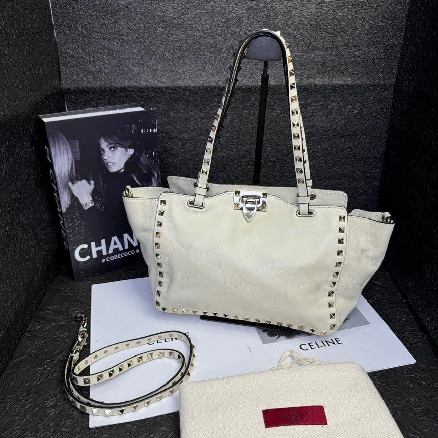 Valentino Rockstud Milky White Leather Rivet Crossbody Handbag Medium Size