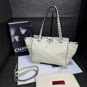 Valentino Rockstud Milky White Leather Rivet Crossbody Handbag Medium Size