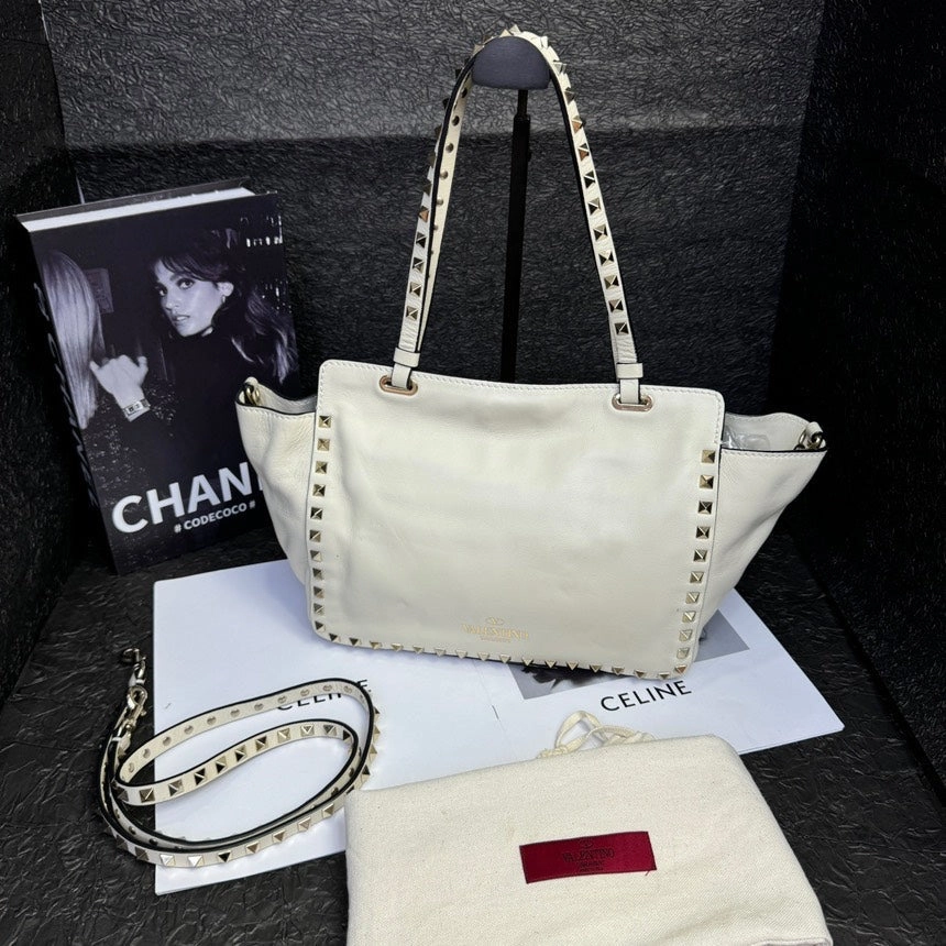 Valentino Rockstud Milky White Leather Rivet Crossbody Handbag Medium Size