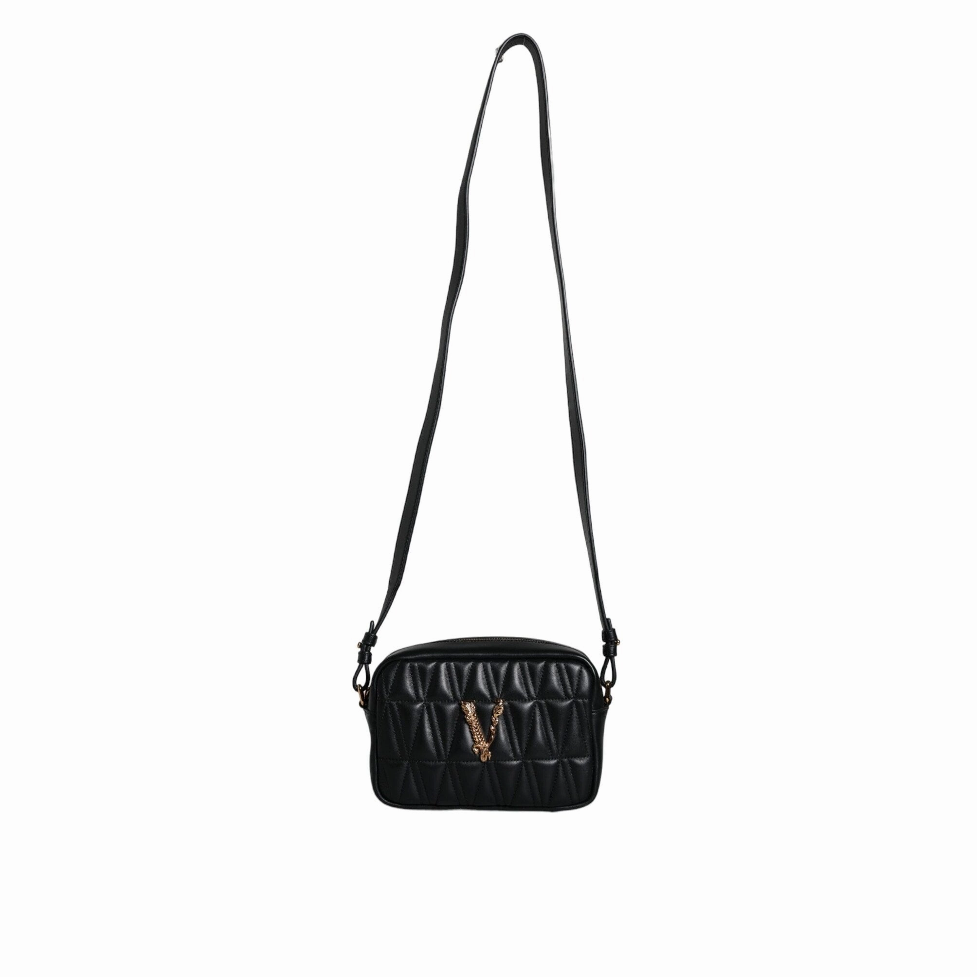Versace Black Quilted Lamb Leather Camera Case Shoulder Women's Bag