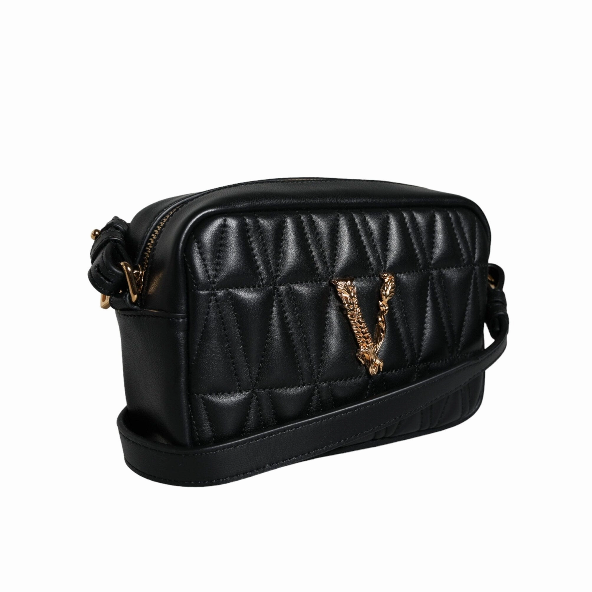 Versace Black Quilted Lamb Leather Camera Case Shoulder Women's Bag