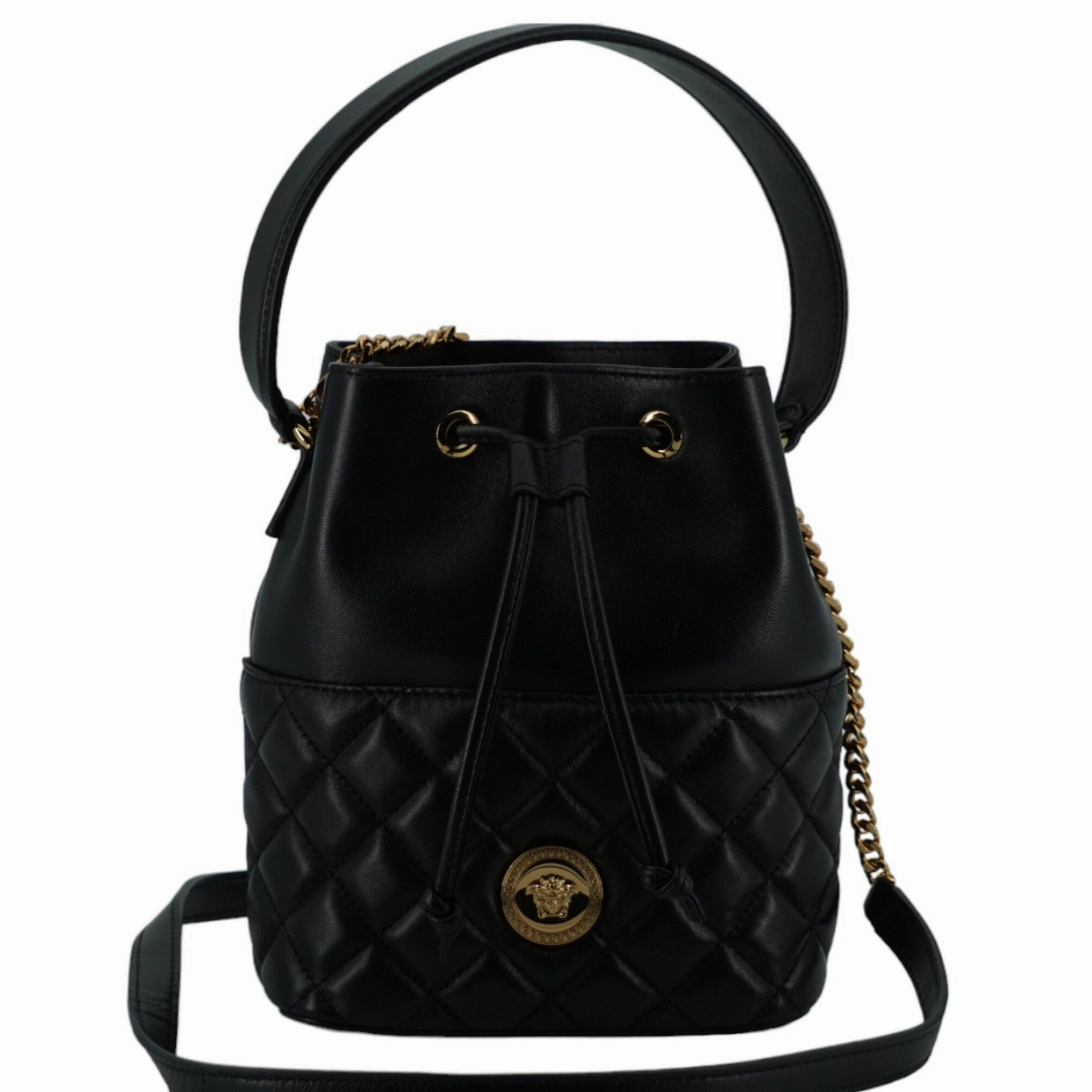 Versace Elegant Black Leather Bucket Shoulder Women's Bag