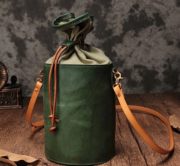 Vintage Leather Brown Bucket Shoulder Bag Barrel Crossbody Purse For Women