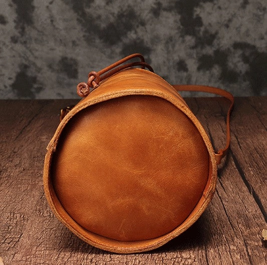 Vintage Leather Brown Bucket Shoulder Bag Barrel Crossbody Purse For Women