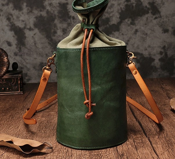 Vintage Leather Brown Bucket Shoulder Bag Barrel Crossbody Purse For Women