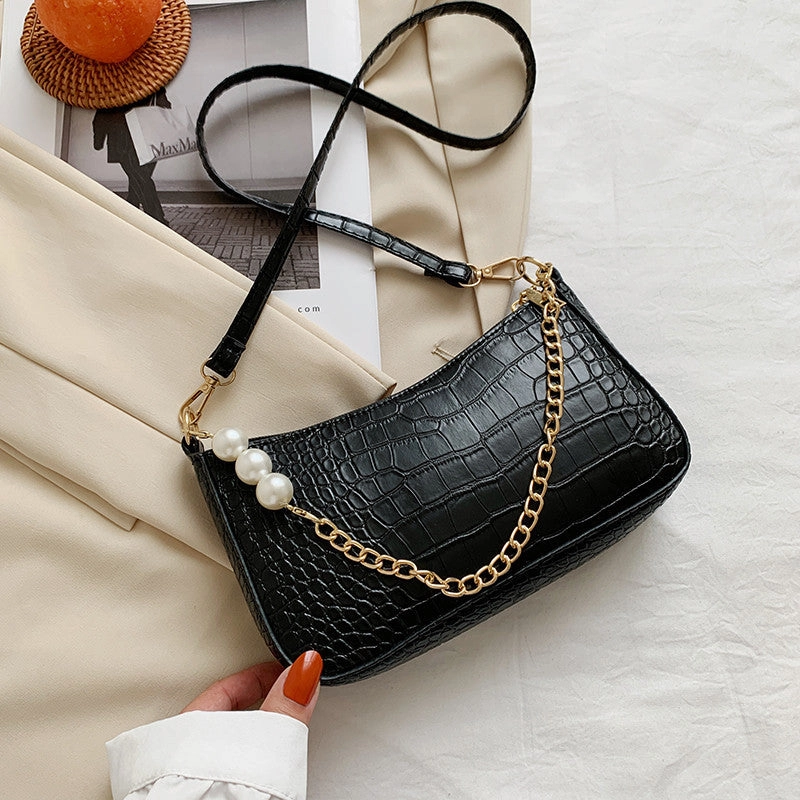 Vintage Stone Pattern Pearl Chain Underarm Bag