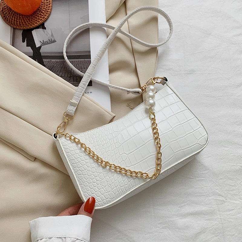 Vintage Stone Pattern Pearl Chain Underarm Bag
