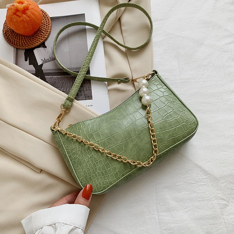 Vintage Stone Pattern Pearl Chain Underarm Bag