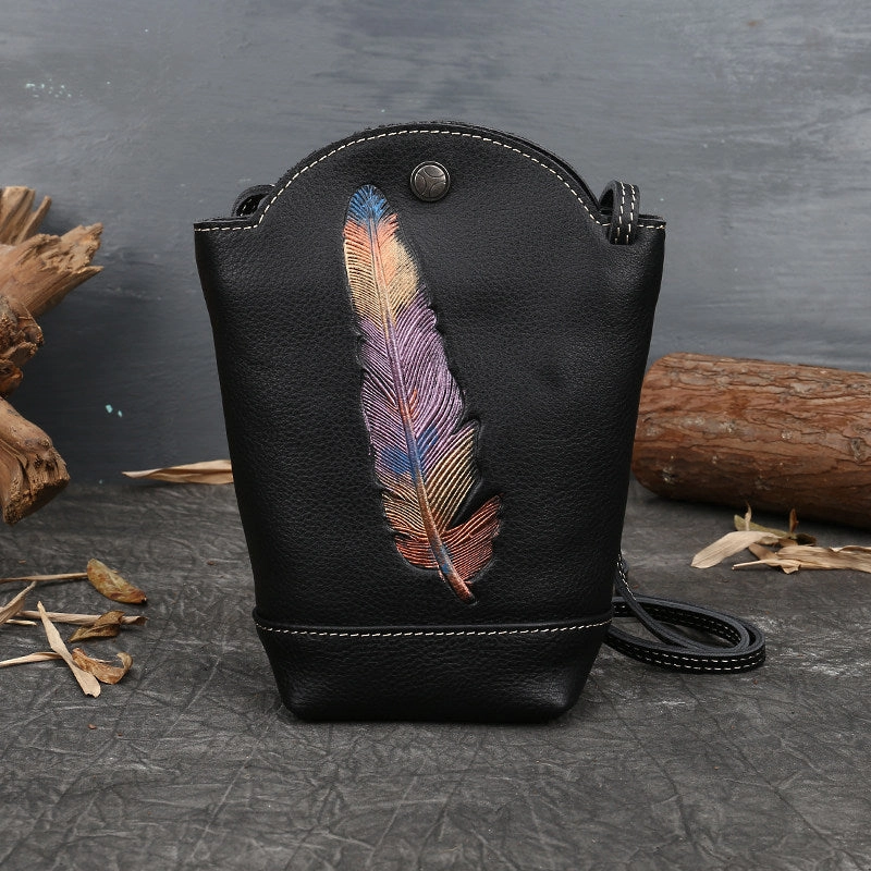 Vintage Womens Black Leather Shoulder Bucket Bag leather phone Bucket bag for women Side bag crossbody bag