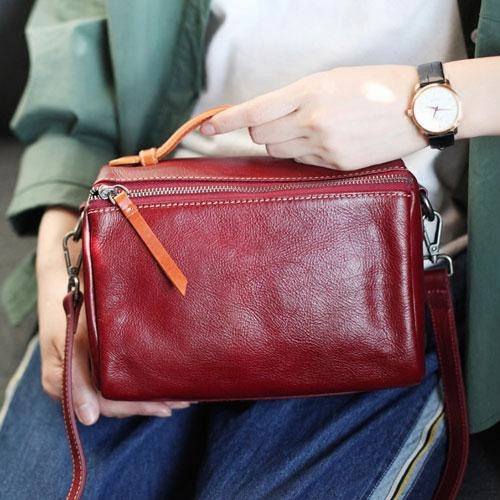 Vintage Womens Leather Red Satchel Handbag Shoulder Bag Leather Square Crossbody Bag Purse