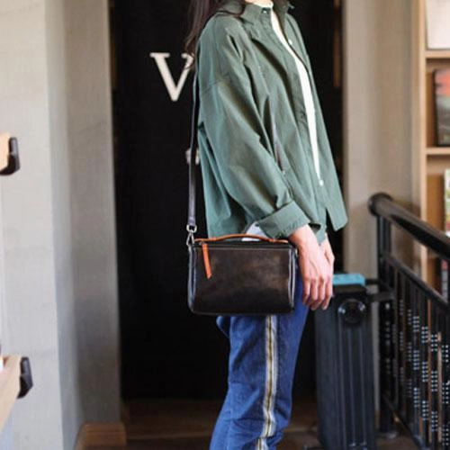 Vintage Womens Leather Red Satchel Handbag Shoulder Bag Leather Square Crossbody Bag Purse