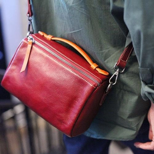 Vintage Womens Leather Red Satchel Handbag Shoulder Bag Leather Square Crossbody Bag Purse