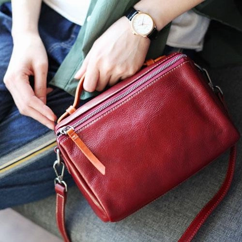Vintage Womens Leather Red Satchel Handbag Shoulder Bag Leather Square Crossbody Bag Purse