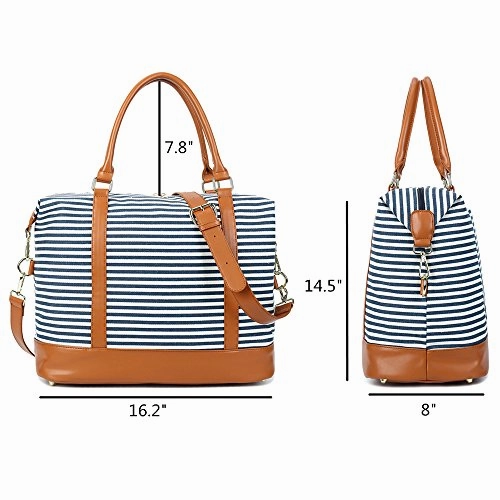 Women Ladies Canvas Weekender Bag Overnight Carry-On Tote Duffel In Trolley Handle (Blue Stripe)