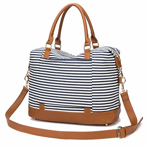 Women Ladies Canvas Weekender Bag Overnight Carry-On Tote Duffel In Trolley Handle (Blue Stripe)