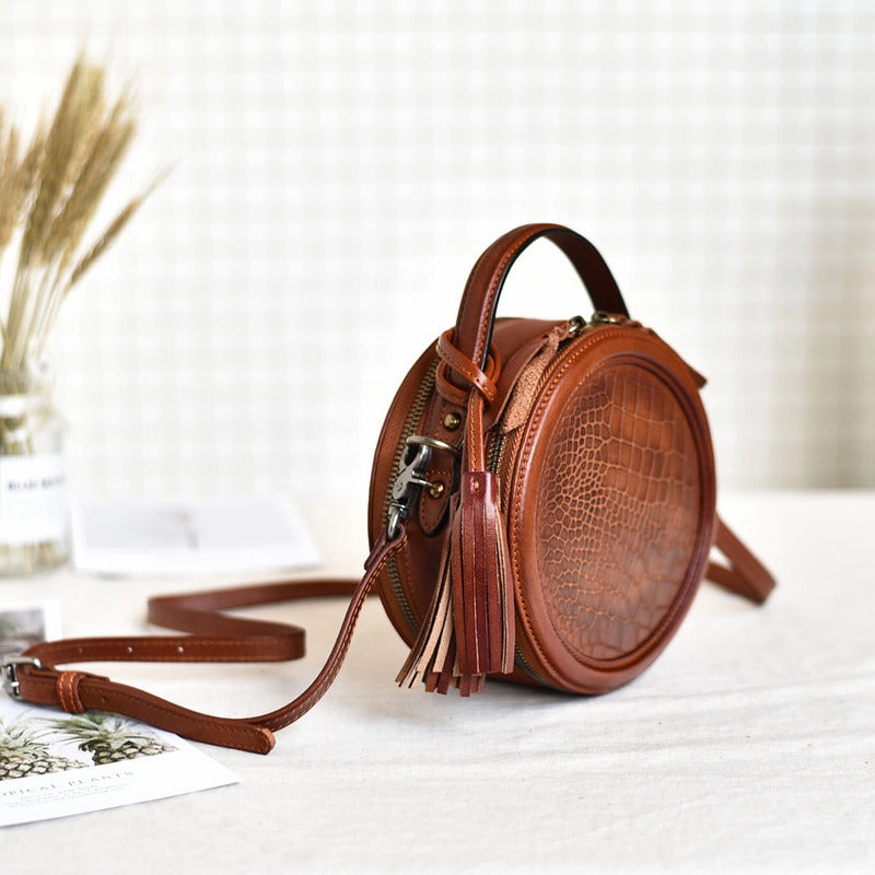 Womens Brown Leather Round Crossbody Bag Crocodile Pattern Vintage Round Handbag Shoulder Bag for Women