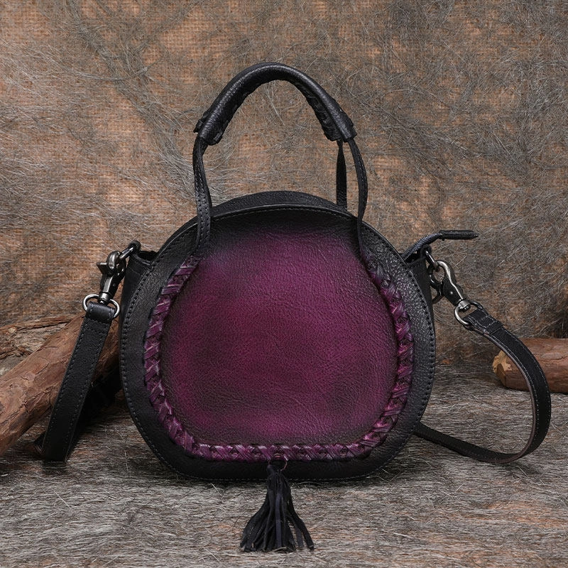 Womens Green Leather Round Handbag Purses with Tassels Vintage Handmade Round Shoulder Bag Crossbody Handbag for Women